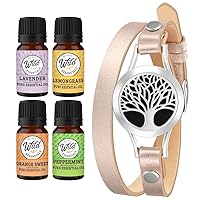 Wild Essentials Tree of Life Essential Oil Leather Wrap Bracelet Diffuser, Gift Set, Lavender, Lemongrass, Peppermint, Orange Oils, 12 Pads, Customizable Color Changing Perfume Jewelry, Aromatherapy