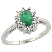 10K White Gold Natural HQ Emerald Flower Diamond Halo Ring Oval 6x4 mm, Sizes 5 10