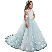 Lace Flower Girl Dress Butterfly Kids First Communion Gown Princess Wedding Royal Train
