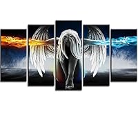 Fire and Ice Water Angel Wall Art for Living Room, SZ 5 Panel Abstract Anime Oil Painting Canvas Prints of Beautiful Wing Girl Picture (Bracket Mounted, Waterproof Decor, Large Artwork, 60x32 overall)