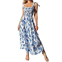 Women's Summer Chic Floral Print Knot Shoulder Shirred A Line Dress, Casual Elegant Sleeveless Square Neck Midi Dress