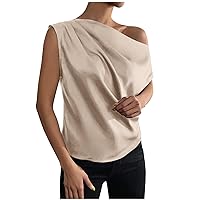 Hot Fashion Sale 2024 Women Going Out Tank Top Sleeveless Slant Shoulder Sexy Tops Casual Ruched Summer Blouses Solid Cami Blouses Tee Basic Work Tops For Women