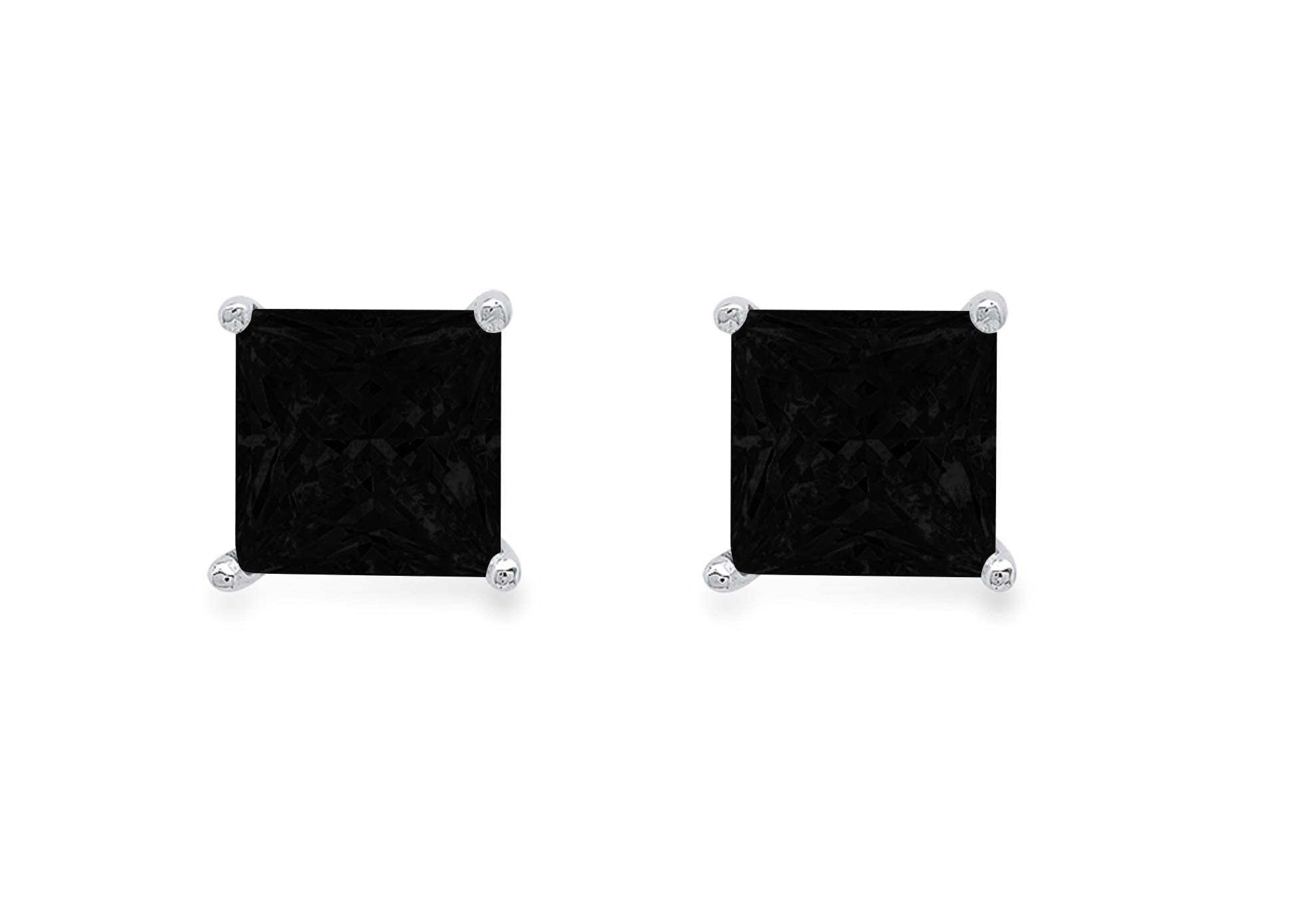 2.9ct Brilliant Princess Cut Solitaire Flawless Genuine Natural Black Onyx Gemstone Unisex Pair of Stud Designer Earrings Solid 14k White Gold Push Back conflict free Jewelry