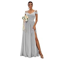 Women's Long Bridesmaid Dresses for Wedding Chiffon Off The Shoulder Formal Evening Gown with Slit R058