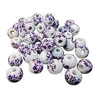 50pcs 10mm Ceramic Beads, Handmade Chinese Porcelain Beads with Big Hole for Jewelry Making Beading Home Decor,Purple and White