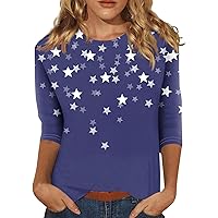 4th of July Shirts for Women 2024 Casual Fashion Tops 3/4 Sleeve Crew Neck American Flag Patriotic Blouses