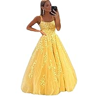 Spaghetti Strap Prom Dressses A Line Evening Dressses Sweep Train Lace Appliques Homecoming Gown