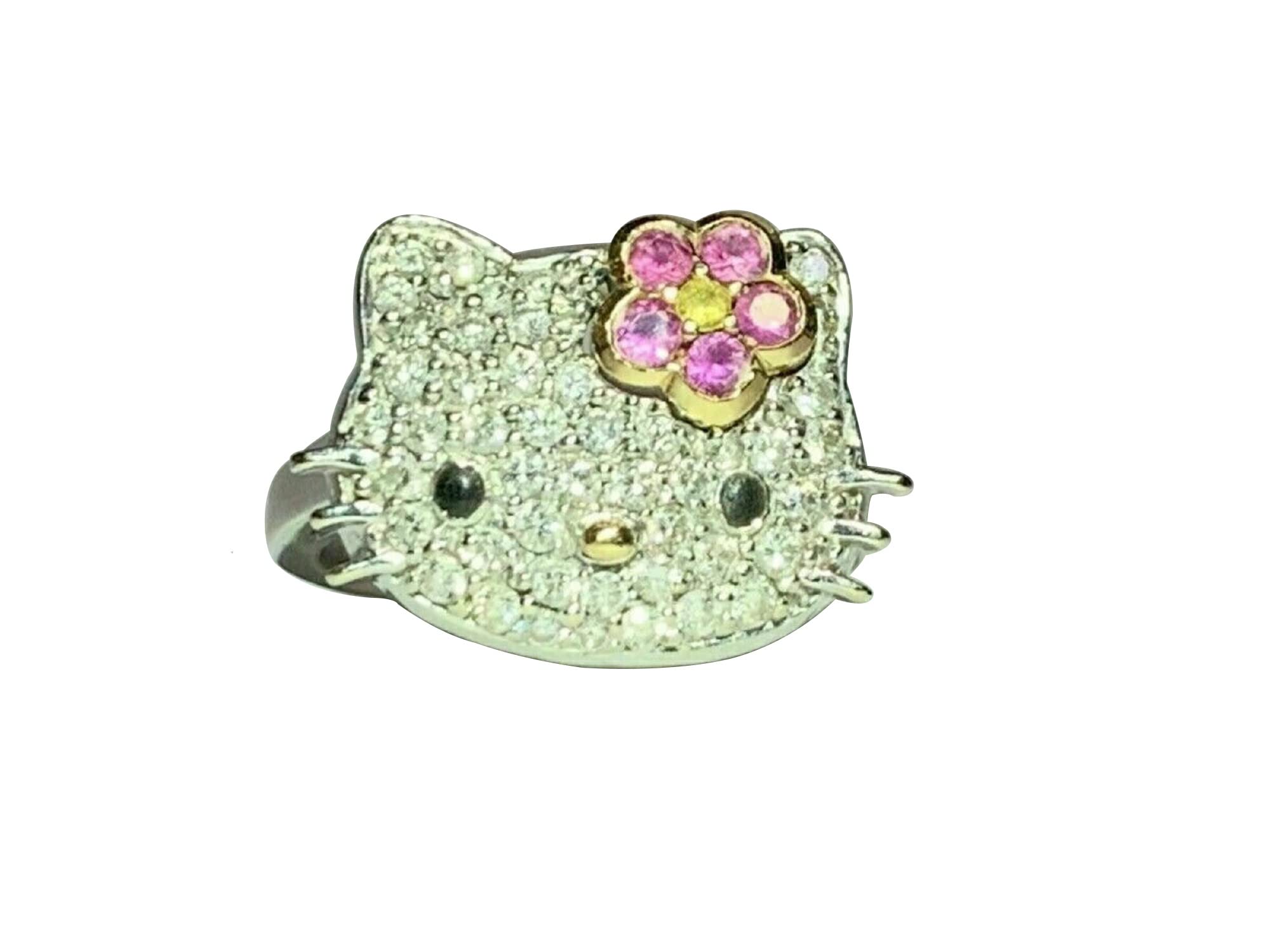 Dazzle Rainbow Jewelry Hello Kitty Diamond Ring /2CT Round Cut Fully Iced Diamond Solid 925 Sterling Silver/Art Deco Ring/Women's Gift Cute Kitty Ring