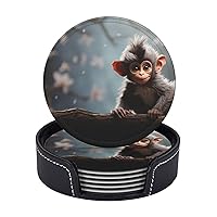 Cute Monkey Print Coasters Leather Drink Coasters Set of 6 Heat Resistant Bar Coasters with Storage Case Round Cup Mat Pad for Living Room Kitchen Office Gift