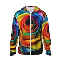 Rainbow Rose Print Sun Protection Hoodie Jacket Full Zip Long Sleeve Sun Shirt With Pockets For Outdoor