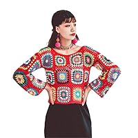 Women's Sweater Retro Crochet Tops Long Sleeve Hollow Out Knitted Pullover Cropped Sweaters