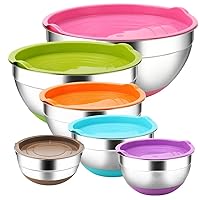 REGILLER Stainless Steel Mixing Bowls with Airtight Lids, 6 Piece Colorful Silicone Flat Base Nesting Metal Bowls, Measurement Lines for Cooking Supplies(Colorful)