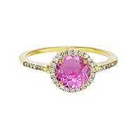 Sterling Silver Yellow 7mm Round Created Pink Sapphire & Created White Sapphire Halo Ring