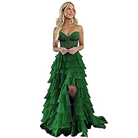 Lace Strapless Corset Prom Dresses with Slit 2024 Long TieEmerald Green Ruffle Chiffon Formal Evening Dress for Women