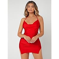 Women's Casual Dresses Tied Backless M-Split Hem Dress Charming Mystery Special Beautiful (Color : Red, Size : X-Small)