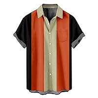 Turndown Collar Tee Shirt for Men, Summer Short Sleeve T-Shirt Casual Button Down Hawaiian Shirts Patchwork Tops Uniform Work Men Navy Mens Hawaiian Shirt