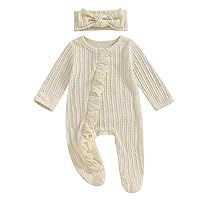 Newborn Baby Girl Ruffle Romper Knit Sweater Onesie Jumpsuit Long Sleeve Zipper Footies Solid Fall Winter Outfits (Texture Cream,Newborn)