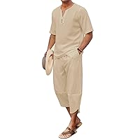 COOFANDY Men's 2 Pieces Linen Set Henley Shirt Short Sleeve and Harem Capri Pants Wide Leg Baggy Beach Yoga Trousers Outfits
