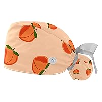2 Pieces Bouffant Cap with Button Ponytail Pouch, Cotton Working Hat Sweatband, Adjustable Surgical Caps Peach