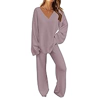 MEROKEETY Women's 2 Piece Outfits Fuzzy Fleece Pajama Set Long Sleeve Top Wide Leg Pants Loungewear