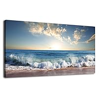 Ocean Canvas Wall Art Beach Sunset Waves Coast Nature Pictures Modern Artwork Blue Ocean Contemporary Canvas Art Giclee Prints Summer Season Painting Framed Ready to Hang for Home Decoration 24