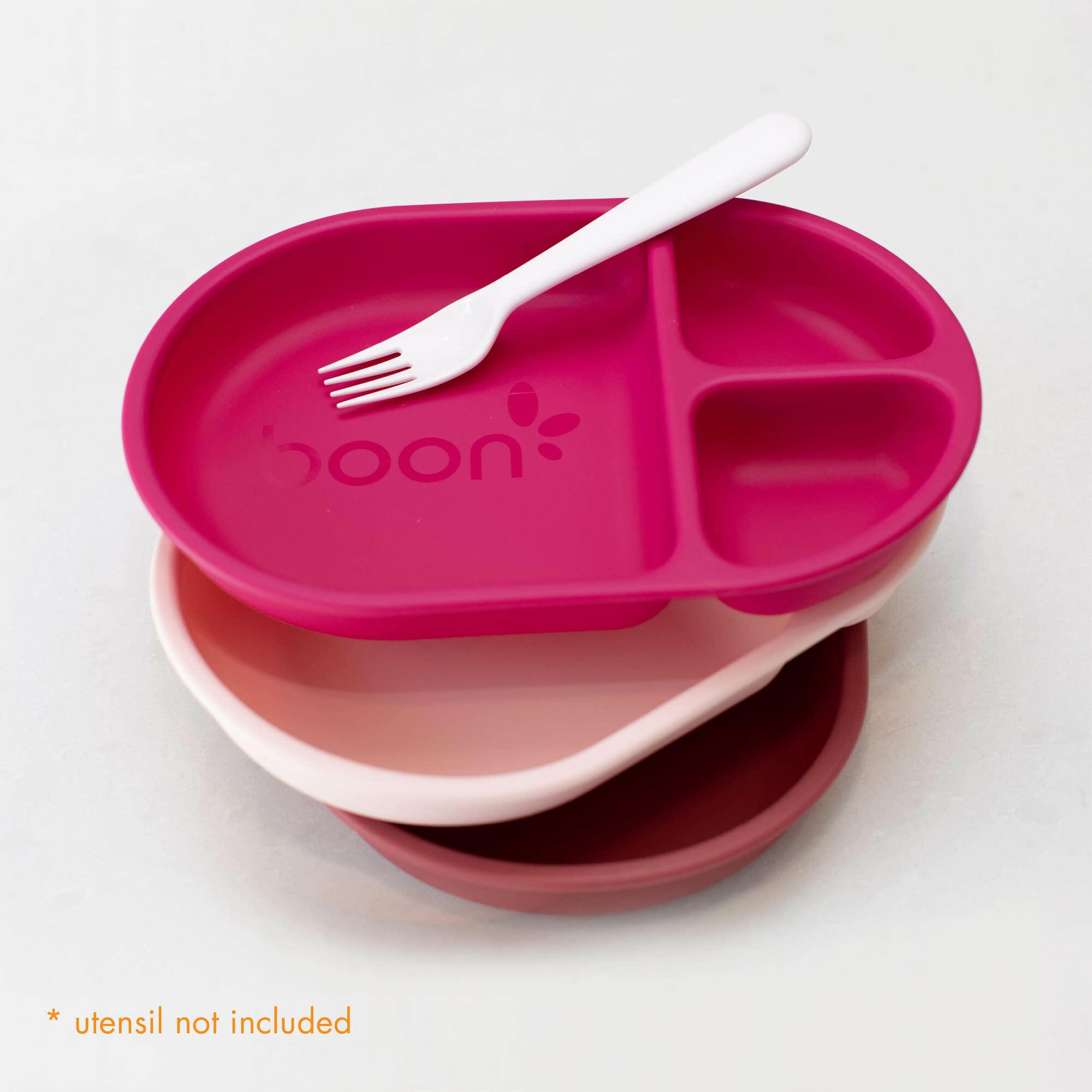 Boon Chow Silicone Plate Set - 3 Unbreakable Divided Toddler Plates - Baby Plates for 6 Months and Up - Baby Led Weaning Supplies - Pink Multicolor