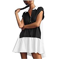Color Block Henley Shirt Dress Women Button Lapel Short Sleeve Patchwork Mini Dresses Summer 2024 Casual Tunic Dress
