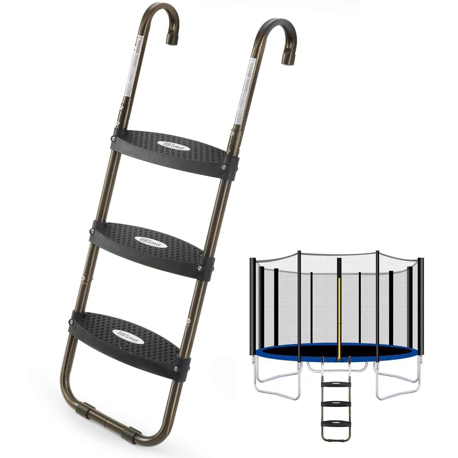 HBTower Trampoline Ladder with Horizontal and Wide Steps, Universal Hook, UV Treated Steel, 220 lbs Capacity Trampoline Accessories for Children Kids