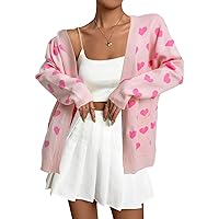 Heart Cardigans Women Valentine Cardigan Oversized Cute Love Print Sweater Cardigans Casual Knit Sweaters with Pockets