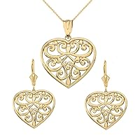 14 ct Solid Yellow Gold Filigree Heart Necklace Earring Set