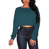 Pink Queen Women's Crew Neck Long Sleeve Cropped Sweater Knitted Pullover Jumper Turquoise M