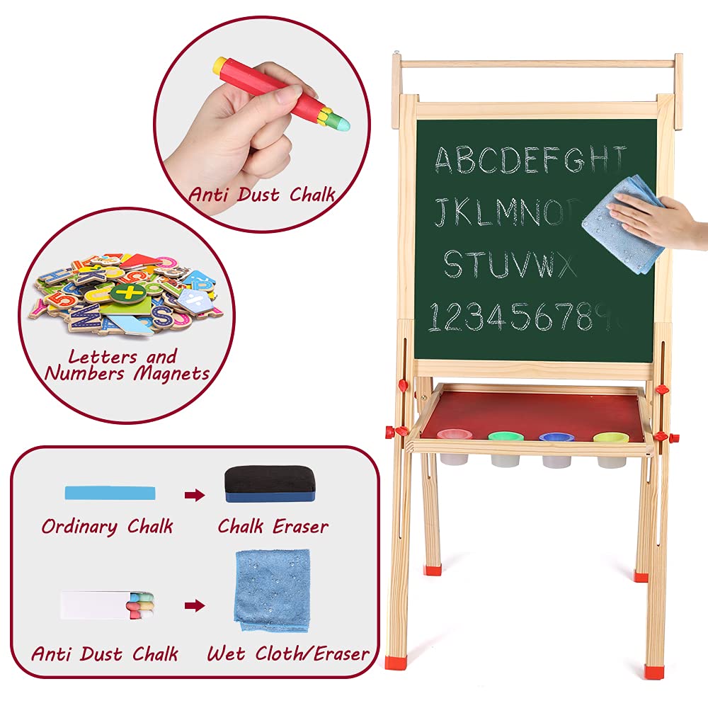 Kids Wooden Art Easel Double-Sided Whiteboard and Chalkboard Adjustable Standing Easel with Paper Roll Holder,Letters and Numbers Magnets and Other Accessories Gift for Kids Toddlers Boys and Girls