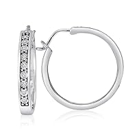 Mother's Day Gift For Her 1/10 Carat Total Weight (cttw) 925 Sterling Silver Diamond Hoop Earrings For Women, Available With Black, Blue, Brown & White Diamonds