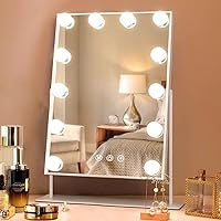 Hollywood Vanity Mirror with Lights, Lighted Makeup Mirror with 3 Color Lighting Modes & 12 LED Blubs, 360 Degree Rotationand 5X Detachable Magnification(White)