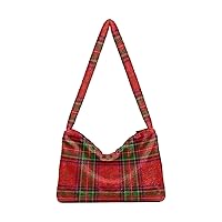 Ladies Soft Plush Underarm Bag Red-scottish-pattern Fluffy Shoulder Bag Women Furry Purse Handbag