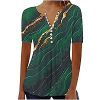Plus Size Tops for Women Fashion Marble Print Short Sleeve Button Up Henley Shirts Oversized Summer Tunic Blouse