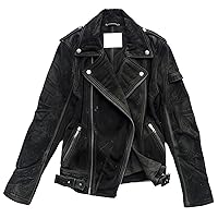Black Genuine Suede Biker Leather Jacket for Women - Chic Crossover Lapel, Asymmetric Zipper