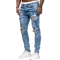 Mens Ripped Jeans Straight Leg Biker Jean Trousers Multi Pocket Cargo Denim Pants with Destroyed Holes