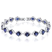 PEORA Created Blue Sapphire Tennis Bracelet for Women 925 Sterling Silver, 12 Carats total 16 Pieces Princess Cut, 7 1/4 inch length