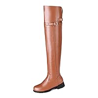 Women Soft PU Leather cold-weather Boots above-the-knee Buckle flat Heel Round toe boots