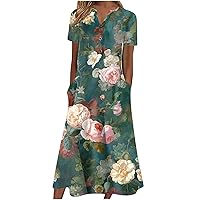 Women's Summer Maxi Dresses Casual Short Sleeve V Neck Dress Floral Printed Button Up Loose Tunic Beach Sundress