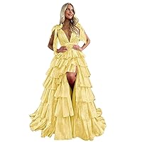 Tiered Tulle Prom Dress Long Ball Gown Ruffle V Neck Formal Evening Dresses with Slit