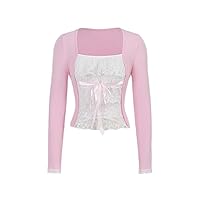 Women's T-Shirt Contrast Lace Tie Front Tee - Pink Colorblock Square Neck Long Sleeve Crop Top T-Shirt for Women