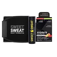 Sports Research Sweet Sweat Black Waist Trimmer 'Xtra-Coverage' Belt (Size - Large), Multi Flavor Hydrate Electrolytes (16x Pack) and Original Workout Enhancer Roll-On Gel Stick