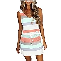 Halter Dresses for Women Casual Fashion Strip Loose Fit Bohemian with Waistband V Neck Pockets Summer Dress