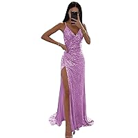 Mermaid Sequin Evening Dresses High Slit Floor Length Graduation Dresses Backless with Pleats Formal Gowns