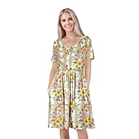 Women's Short Sleeve Empire Knee Length Dress with Pockets Yellows and Florals