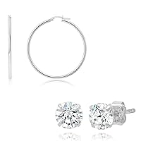 14k White Gold Hoop and CZ Earrings with Genuine Round Crystal for Women & Men | Real Gold Earring with Click Tops and CZ Studs with Gold Earring Back | 1.5 Inch Large and 1 Carat total by MAX + STONE