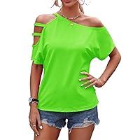 Women's 2024 Summer Short Sleeve T-Shirt Green Cutout Asymmetrical Neck Tee