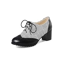 Women's Vintage Block Heel Brogue Shoes Plaid Lace up Oxford Shoes
